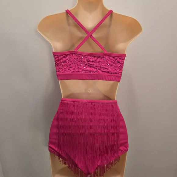 WEISSMAN sequin criss-cross dance leotard bright pink fringe skirt costume Sz Sm - Picture 6 of 8